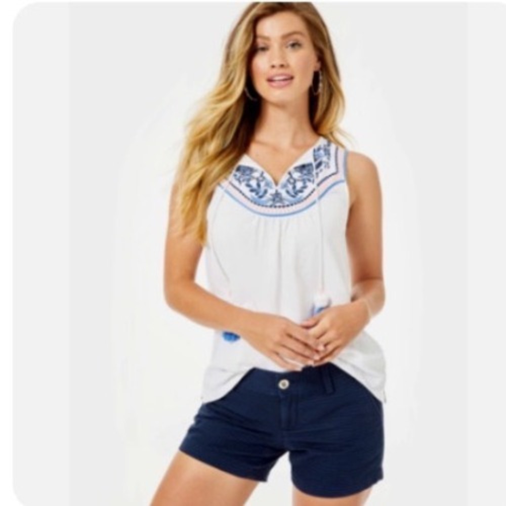 Lilly Pulitzer Jordy XS Resort White Embroidered Sleeveless Tassel Top Floral
